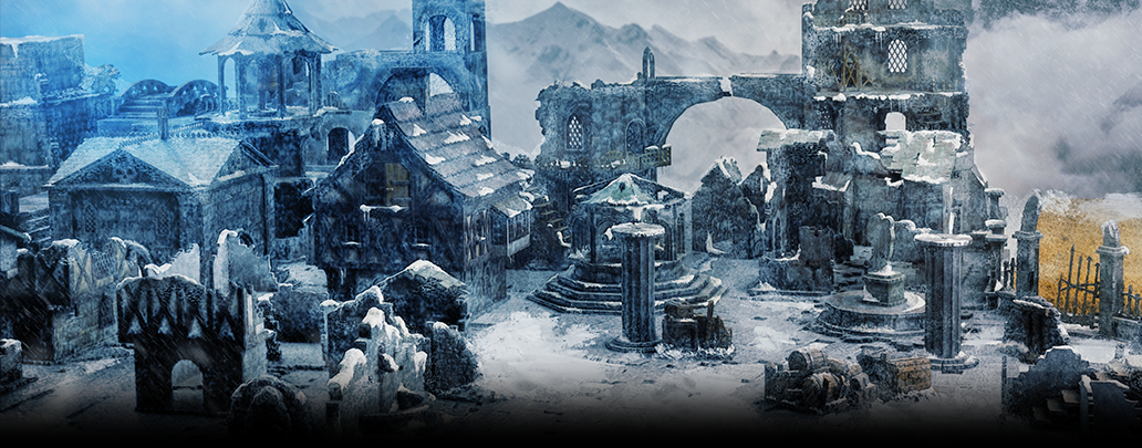 Snowy ruins of Felstad terrain from the Frostgrave fantasy skirmish game