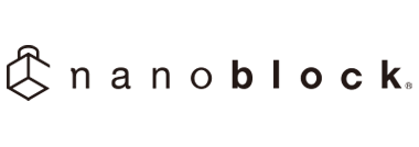 Official dark brown Nanoblock wordmark with square isometric logo icon on white background, referencing Japanese micro-sized building blocks, from Bellford Toys and Hobbies.