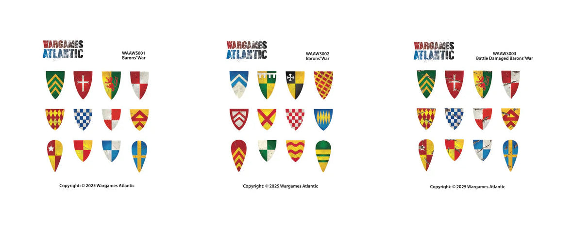 Three sheets of Wargames Atlantic Barons' War waterslide shield transfers.