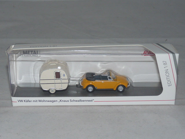 Volkswagen Beetle Convertible (Yellow) with Caravan 1:87 Diecast Scale Model Packaging