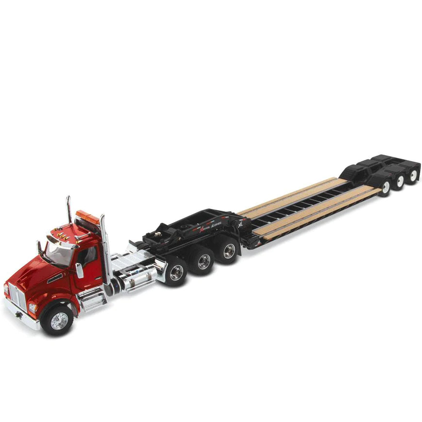 Kenworth T880 SBFA Day Cab Tridem Axle (Red) W/ XL 120 Low-Profile HDG Trailer (Black), 1:50 Scale Diecast Model