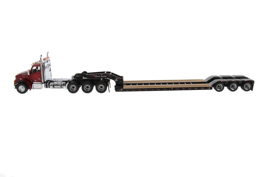 Kenworth T880 SBFA Day Cab Tridem Axle (Red) W/ XL 120 Low-Profile HDG Trailer (Black), 1:50 Scale Diecast Model Left Side View