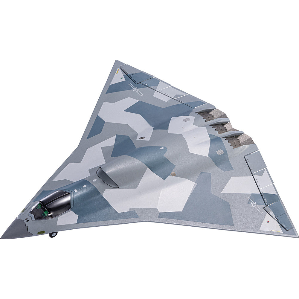 Top angle perspective of Air Force 1 1/100 scale CAC J-36 diecast stealth fighter model in camouflage livery