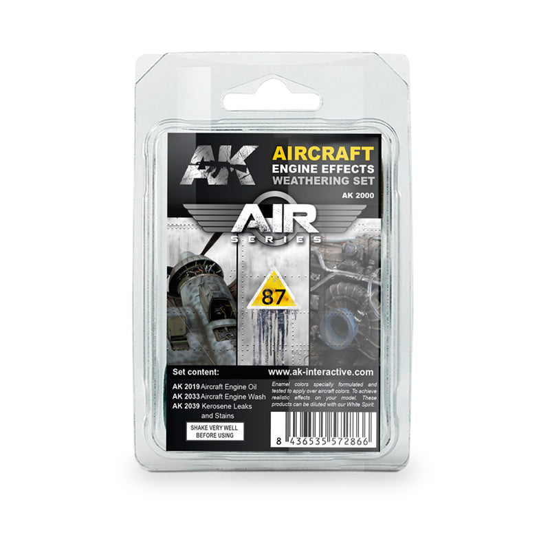 AK Interactive Aircraft Engine Effects Weathering Set blister pack from the Air Series featuring model plane engines.