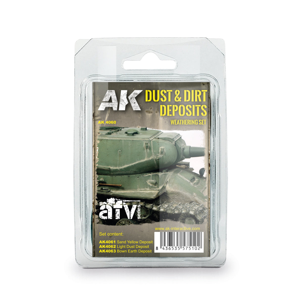 AK Interactive Dust & Dirt Deposits Weathering Set blister pack from the AFV Series featuring a model tank hull.
