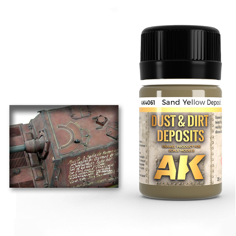 AK Interactive Sand Yellow Deposit AK4061 35ml jar next to an oxidized red armor plating model example.