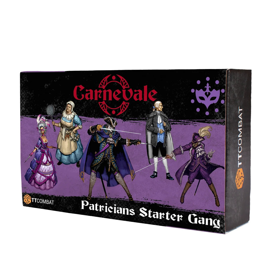 Box packaging for TTCombat Carnevale Patricians Starter Gang miniature set displaying five Venetian noble models against a purple banner