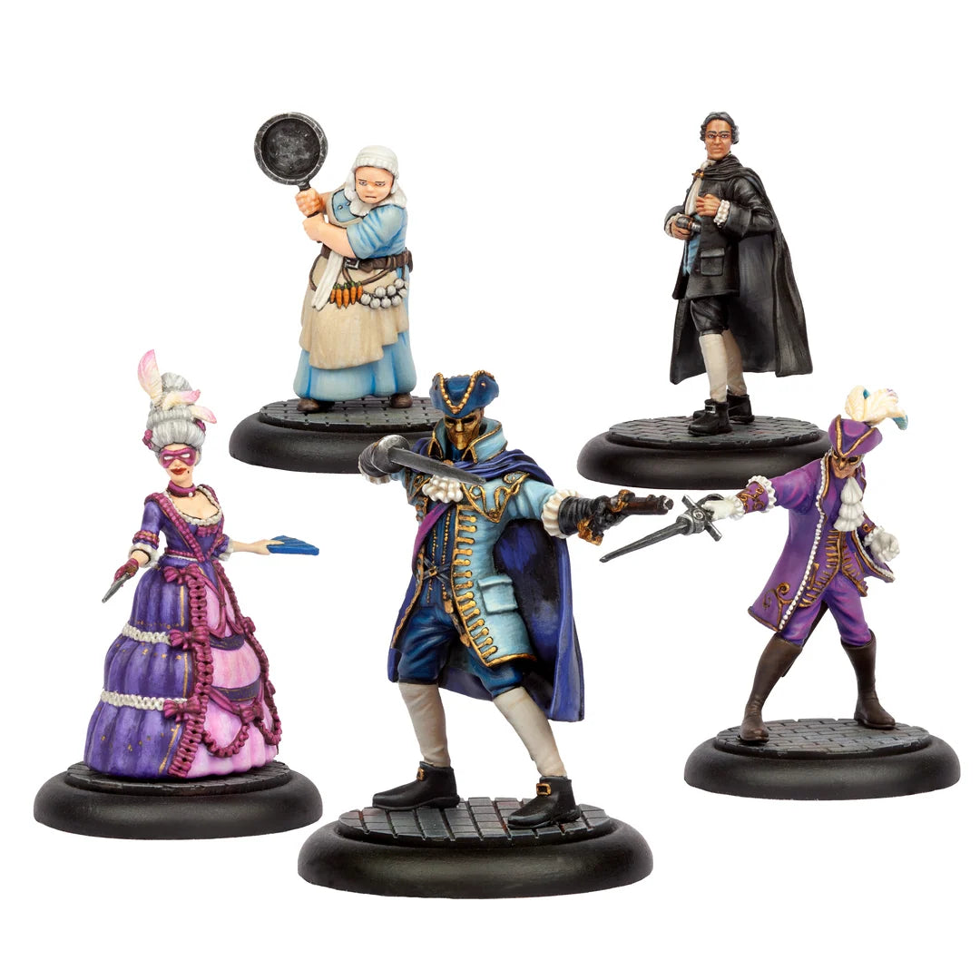 Group photo of five studio painted Carnevale Patricians resin miniatures mounted on display bases