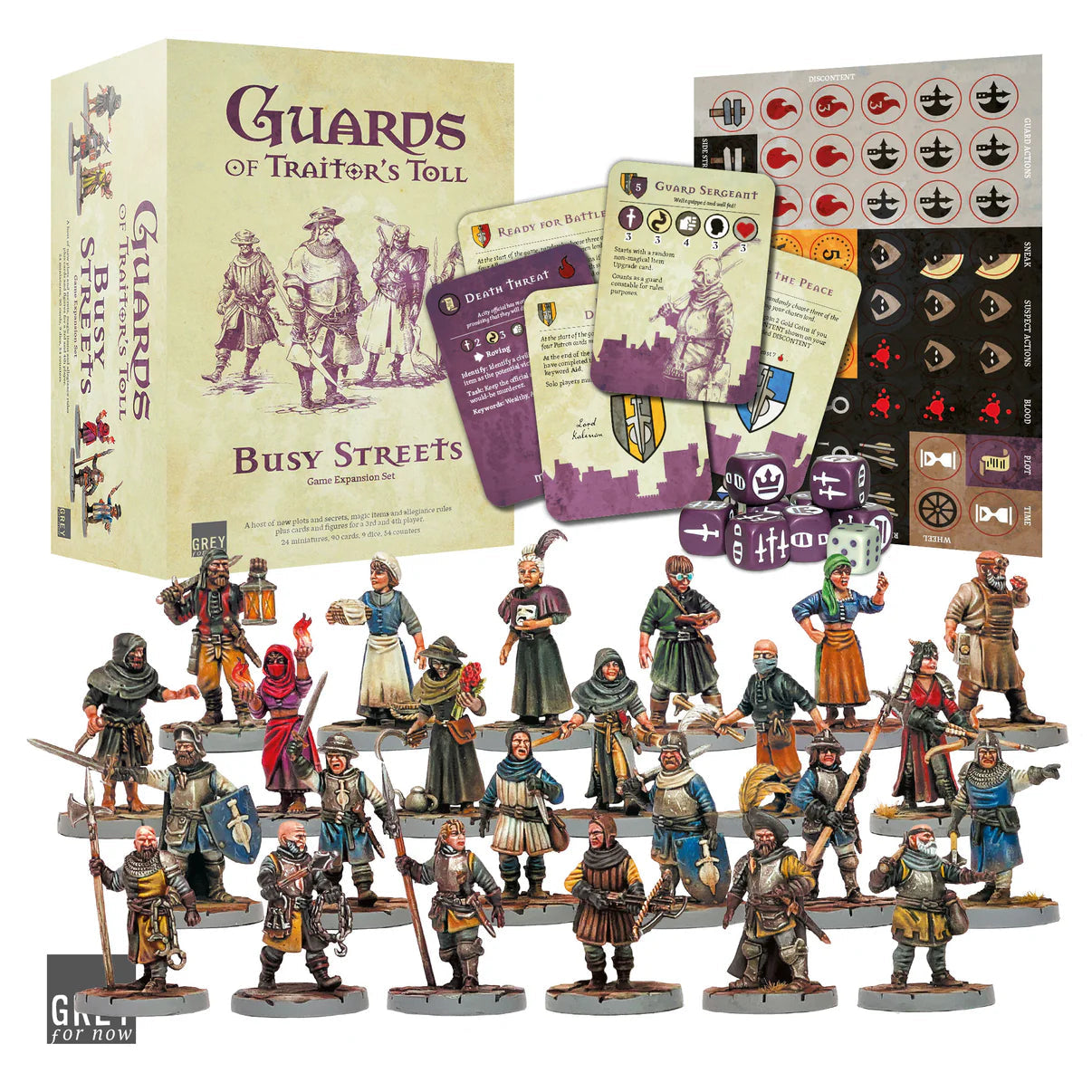 Grey For Now Games Guards of Traitor’s Toll Busy Streets Expansion set with miniatures, cards, and dice
