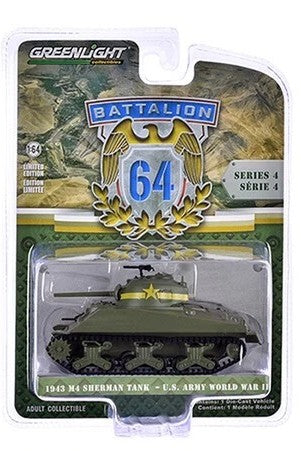 Greenlight Collectibles Battalion 64 Series 4 – 1943 M4 Sherman Tank US Army WWII – 13th Armored Regiment, 1st Armored Division, Tunisia March 1943 1/64 Scale Diecast Model Packaging