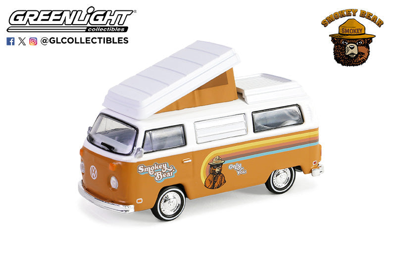 Side profile of 1974 VW Type 2 T2 Westfalia Campmobile with Smokey Bear graphics