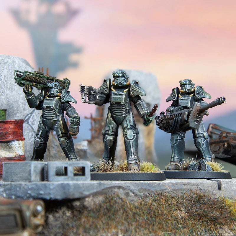 Studio painted Brotherhood of Steel T-45 units in a narrative tabletop scene