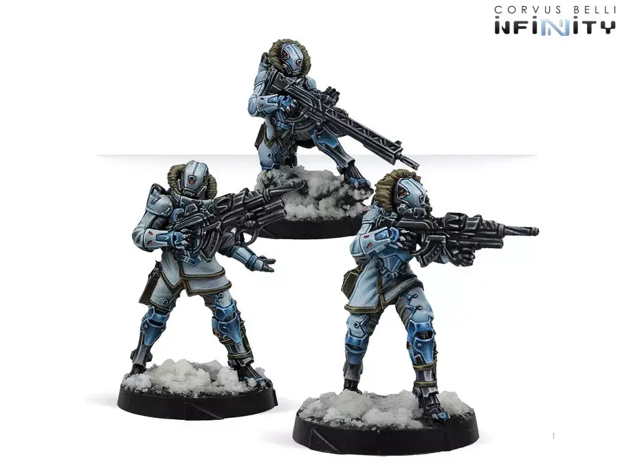 Infinity PanOceania Three painted metal miniatures of the IKarhu Special Team for Infinity the Game.