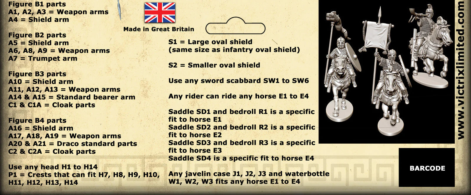 Late Roman Armored Cavalry, 28 mm Scale Model Plastic Figures Back of Label