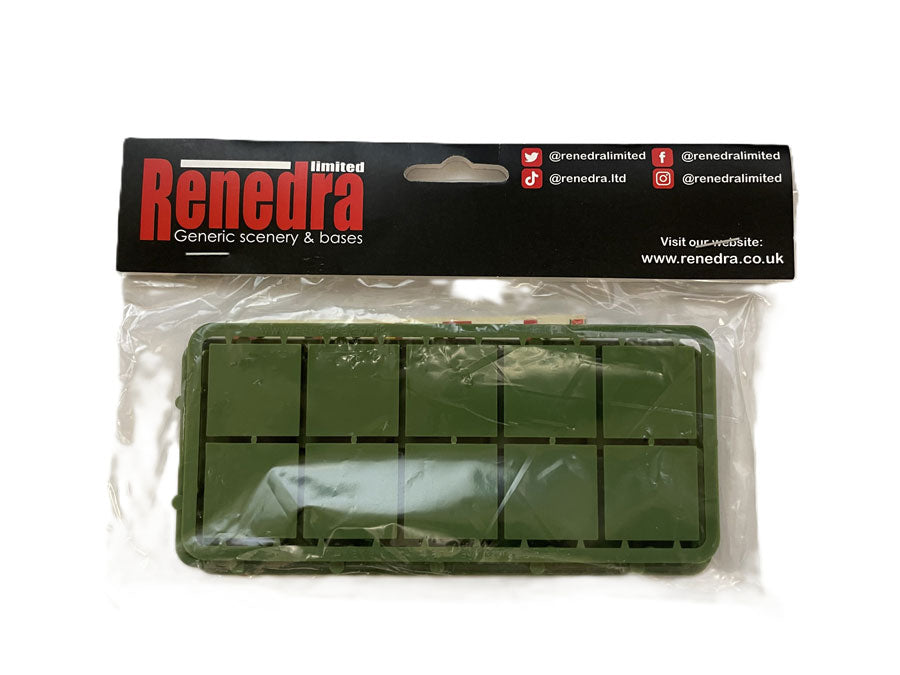 Front view of the Renedra 25mm Square green plastic wargaming bases kit in clear retail hanging packaging with a black and red header card