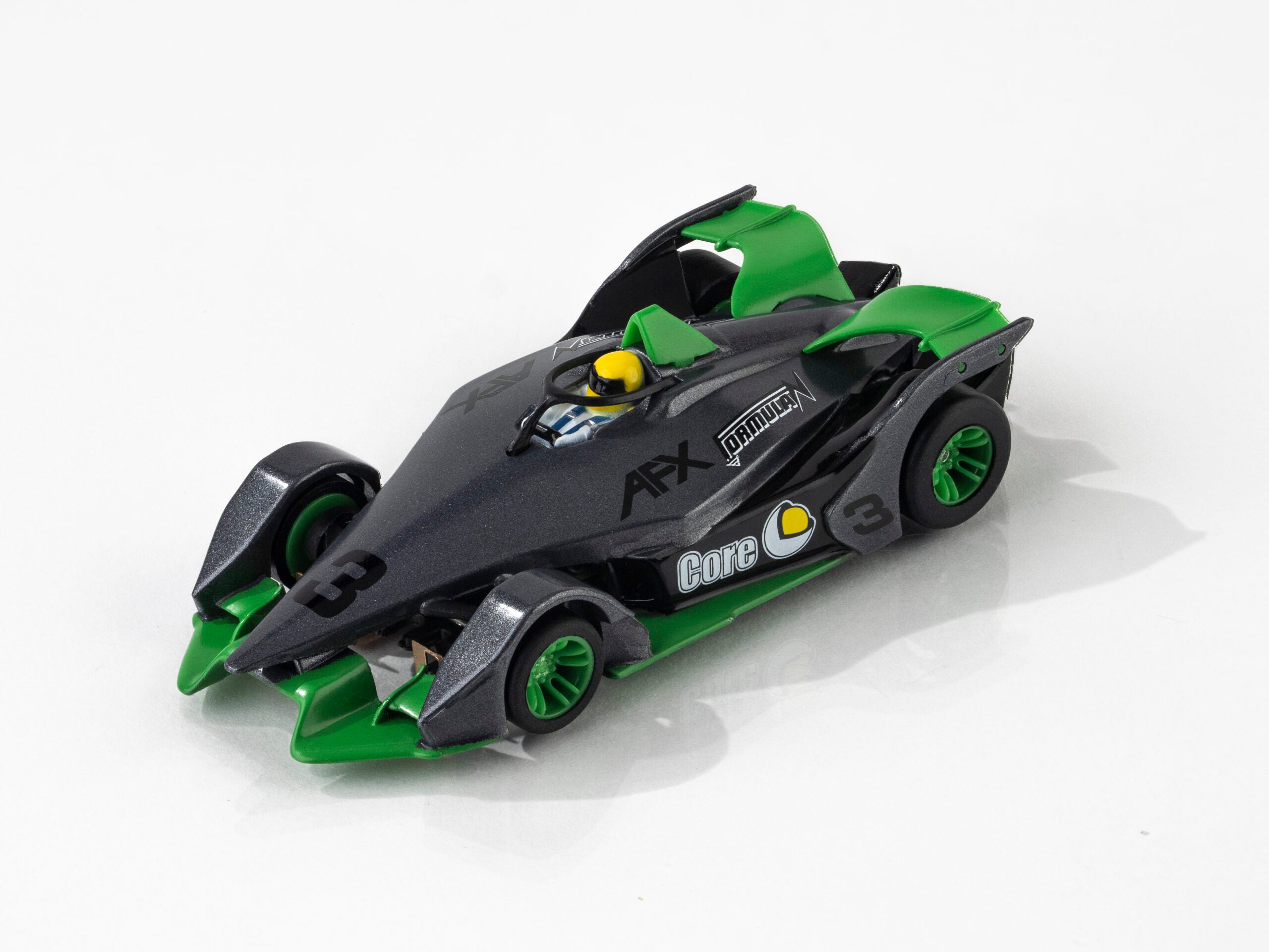 Front view of AFX Formula N #3 HO slot car in silver and green with aerodynamic wing details