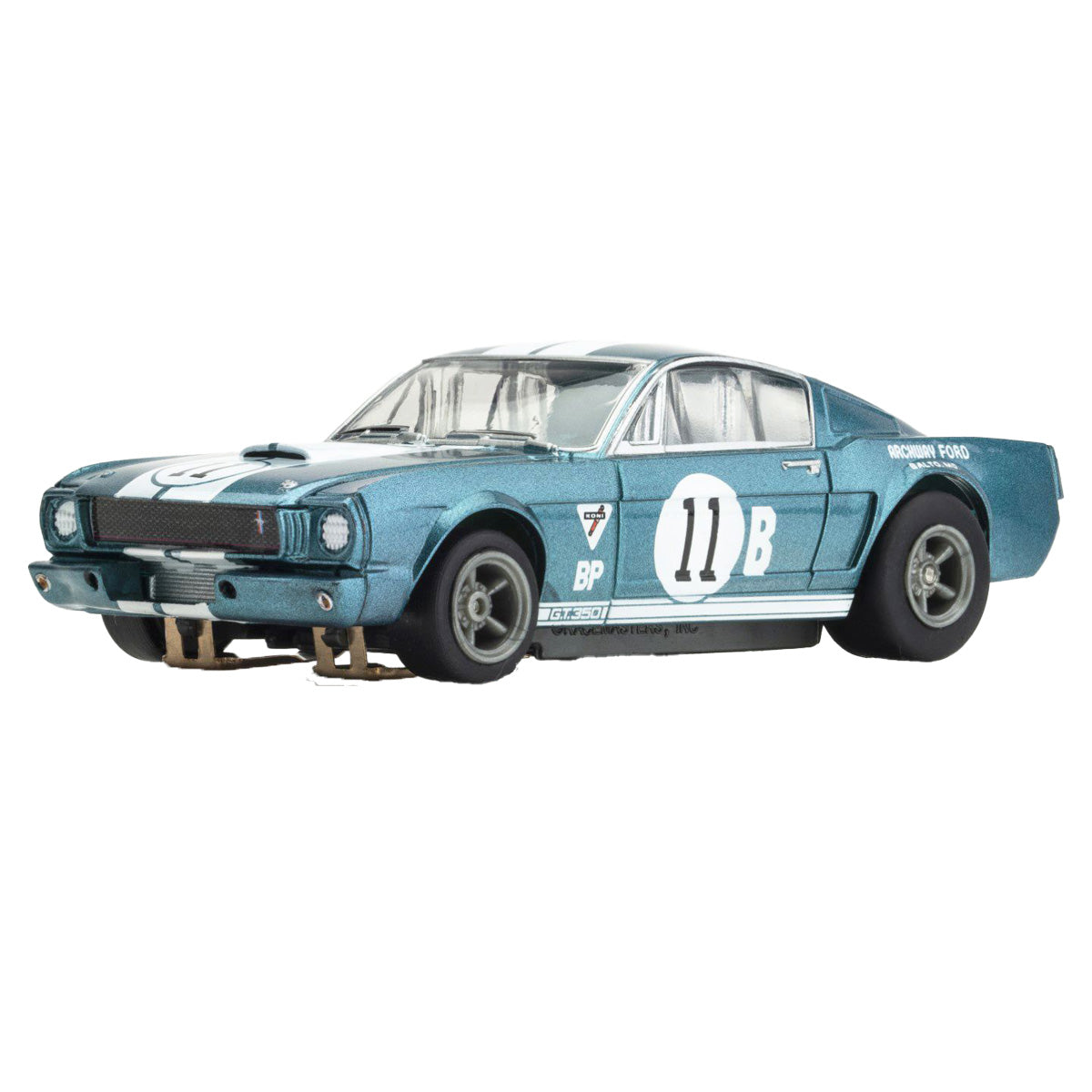 Left Front Profile of AFX Racing GT350R HO Slot Car Showing Authentic Racing Stripes