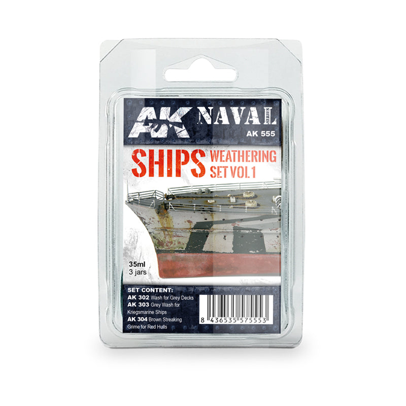 AK Interactive Ships Weathering Set Vol.1 blister pack from the Naval Series containing three 35ml jars.