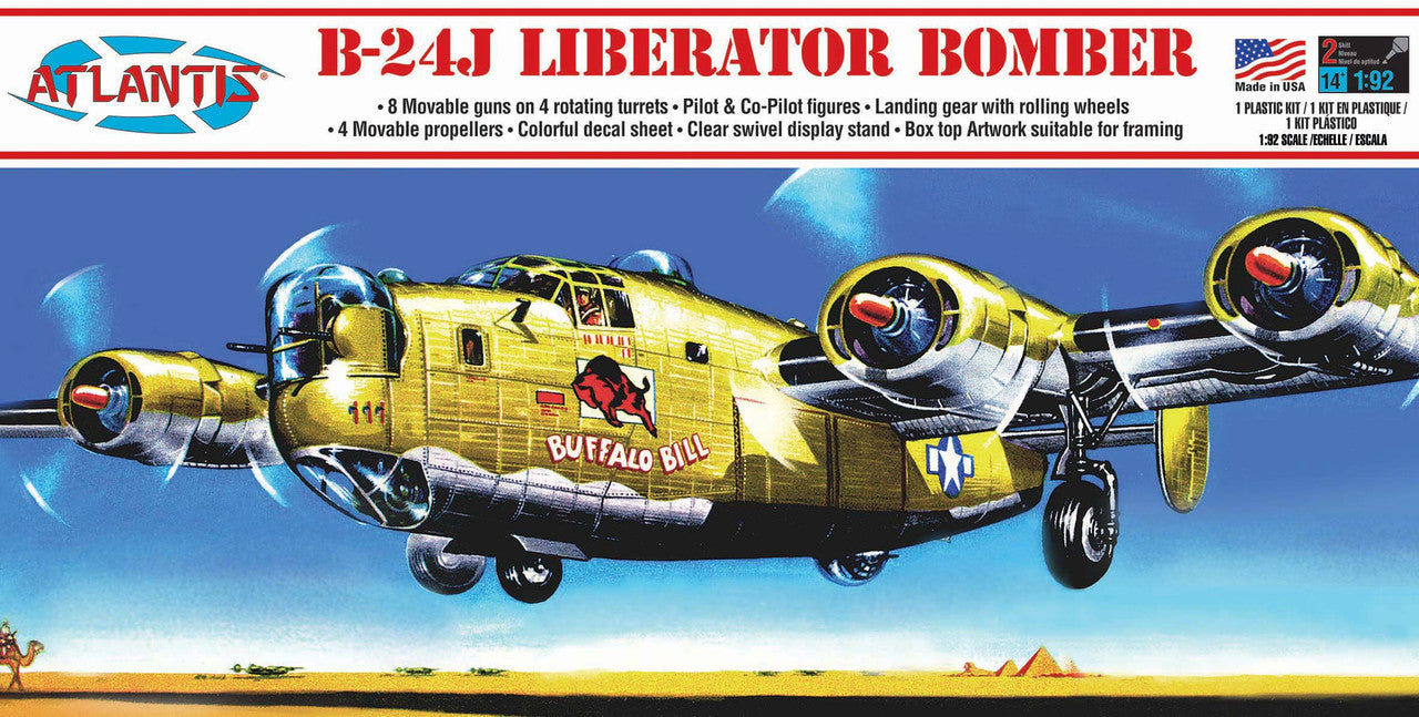 Retail box artwork for the Atlantis 1/92 scale B-24J Liberator bomber kit showing the Buffalo Bill nose art illustration flying over desert pyramids