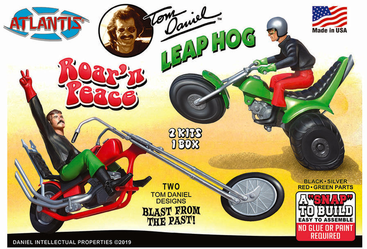 Official retail box art for the Atlantis 1/32 scale Tom Daniel Roar' n Peace and Leap Hog 2 kits 1 box snap-together model kit, showing "Made in USA" and "No glue or paint required" labels.