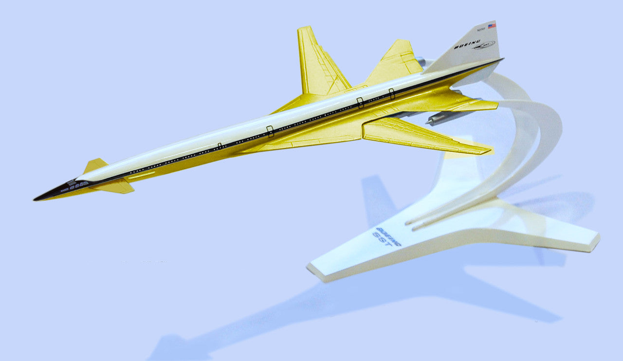 High-angle profile view of the assembled Boeing 2707 model on its custom white display stand
