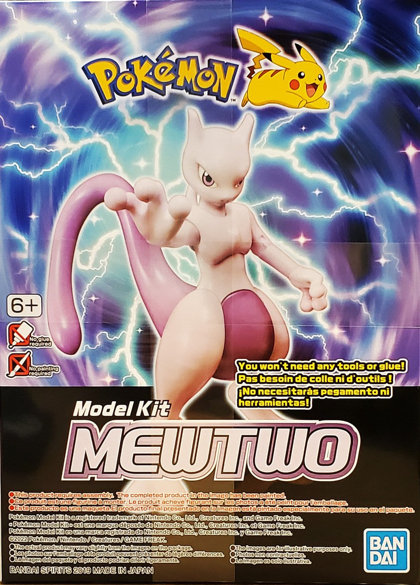Official Bandai Spirits Pokepla Select Series Mewtwo box art featuring blue logo