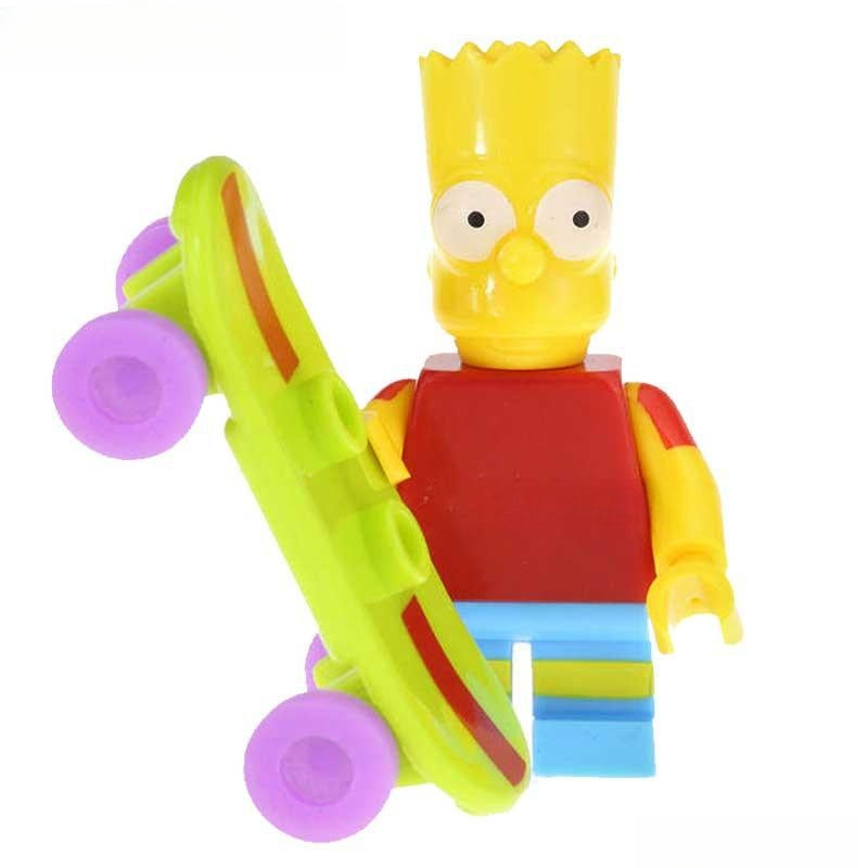 Minifigure Toys Bart Simpson custom LEGO compatible minifigure in red shirt holding lime green skateboard.