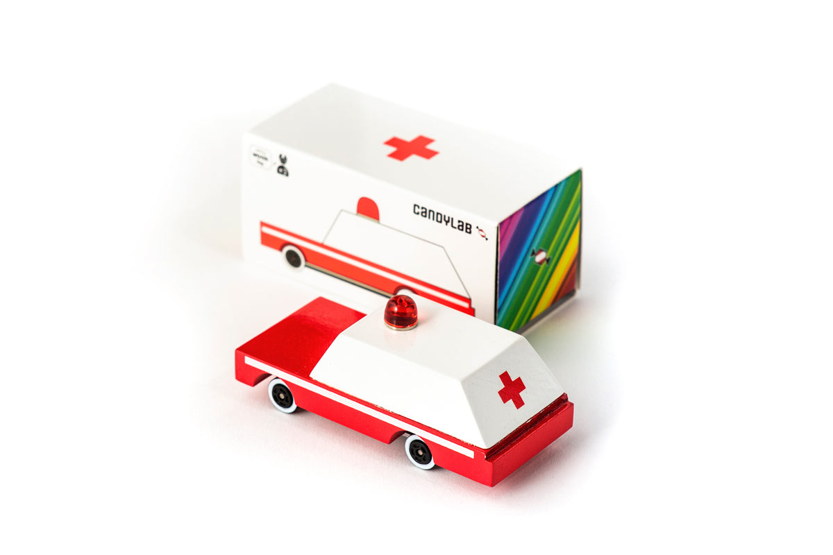Candylab Toys Ambulance Wooden Vehicle – Rear Angle Displaying Red Cross Detail