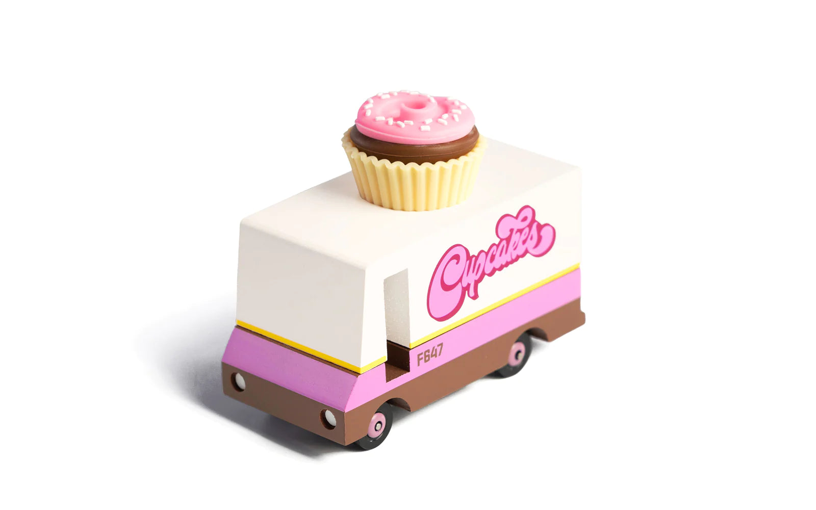 Candylab Toys Cupcake Van Wooden Vehicle – Front Angle with Pink Frosted Cupcake Topper