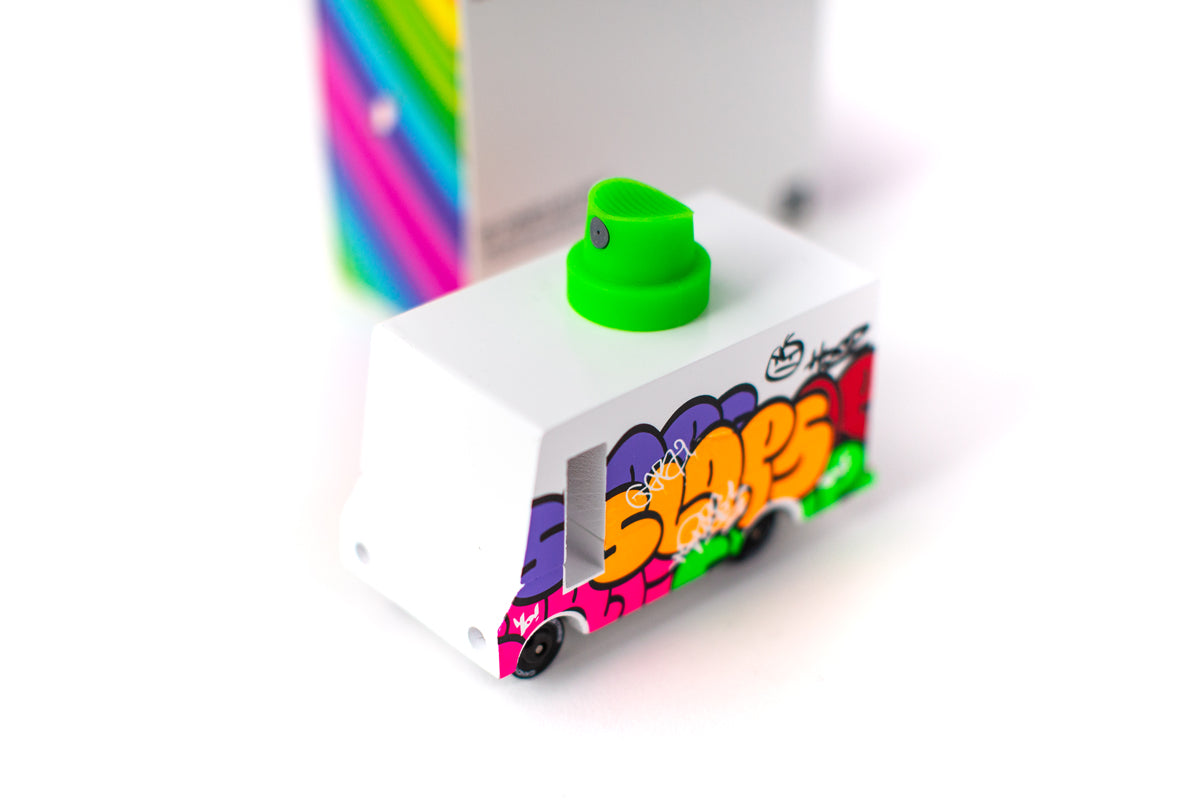 Candylab Toys Graffiti Green Wooden Vehicle – Front Angle with Silicone Spray Topper
