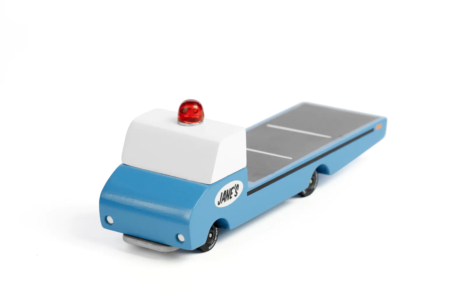 Candylab Toys Jane’s Tow Truck Wooden Vehicle – Front Angle with Blue and White Design