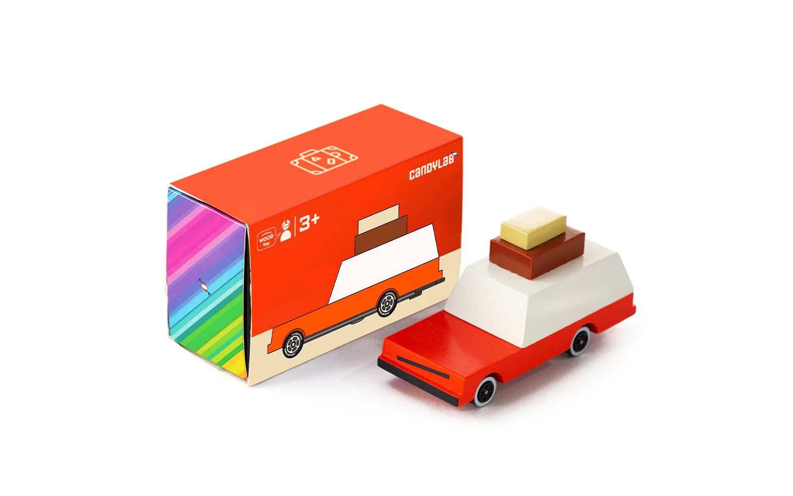 Candylab Toys Luggage Wagon Wooden Vehicle – Front Angle Showing Retro Orange Design