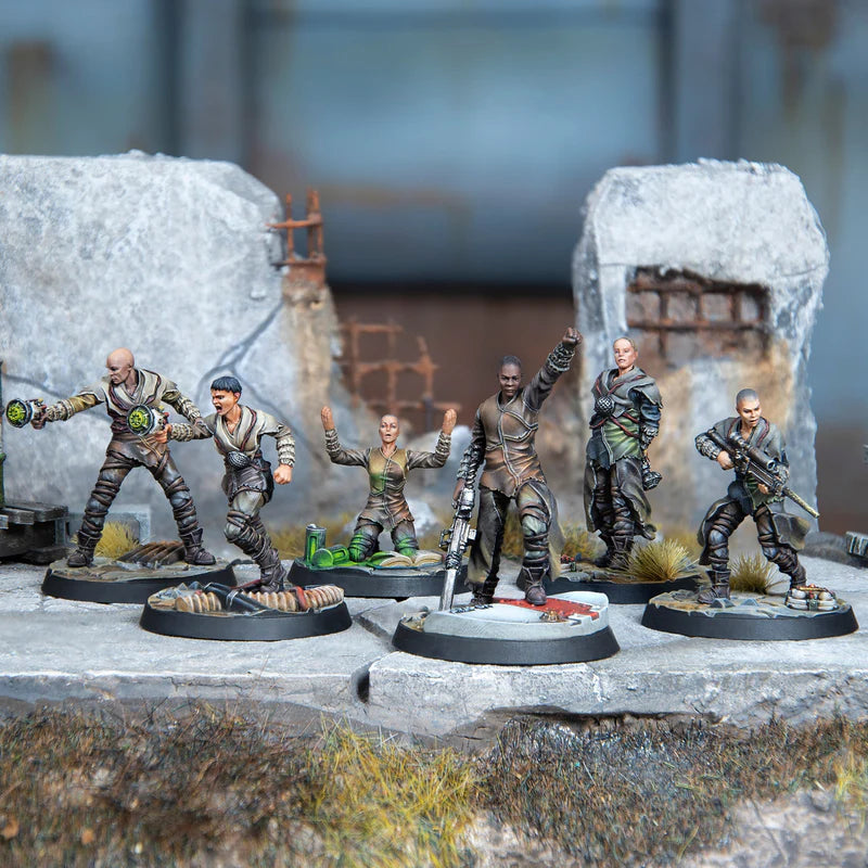 Painted Children of Atom miniatures deployed in an irradiated tabletop ruins scene
