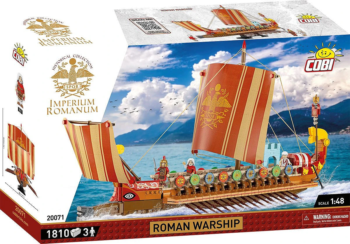 Official box for COBI 20071 Roman Warship 1810 piece set showing the ship on water with Marcus Aurelius figure