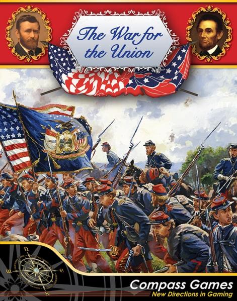 Front box art for Compass Games The War for the Union showing historical infantry marching with flags under Lincoln and Grant portraits