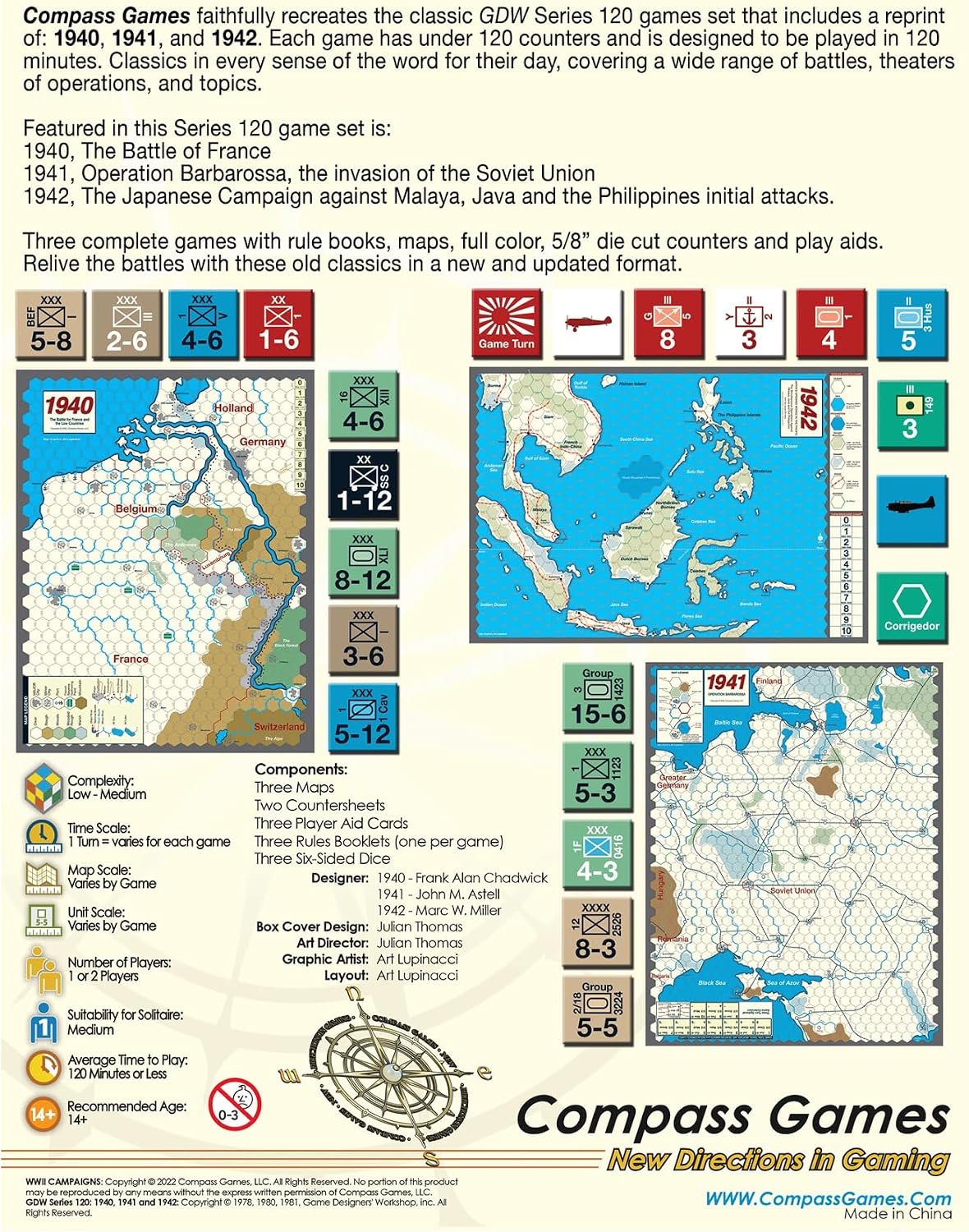 Back of the box presentation displaying components three campaign maps game scale metrics and printed counter samples