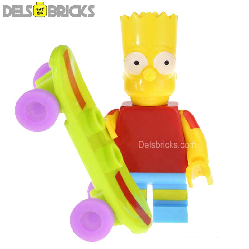 Close-up of DelsBricks The Simpsons Lego-compatible collectible minifigures including Bart Simpson