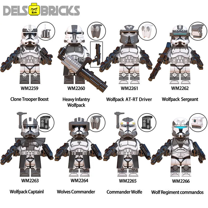 DelsBricks Star Wars 104th Battalion Wolfpack Clone Troopers set of 8 Lego-compatible minifigures front view