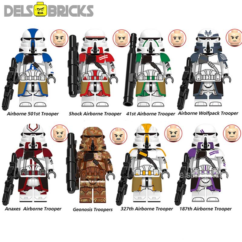 DelsBricks Star Wars Airborne Clone Troopers set of 8 Lego-compatible minifigures front view