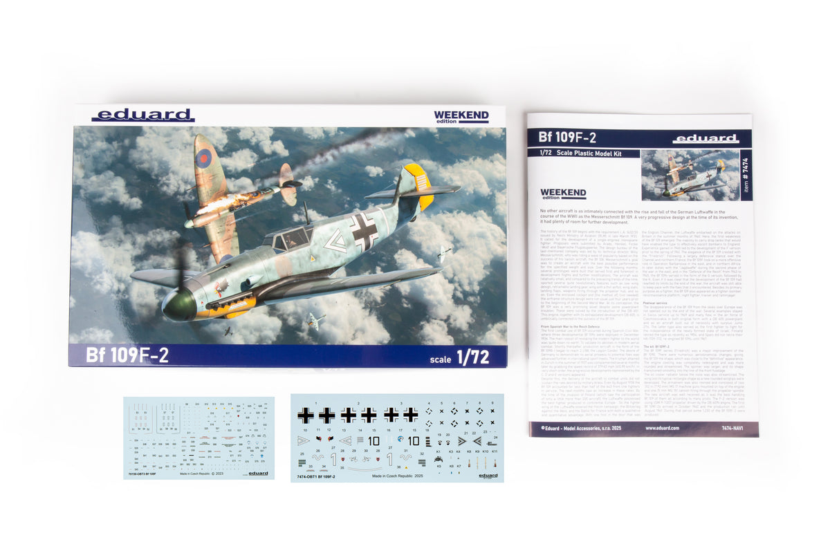 Complete box contents including instruction manual and decal sheets for Eduard 1/72 Bf 109F-2