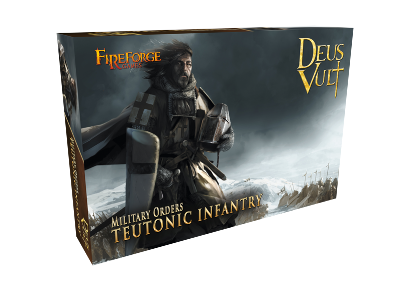 Fireforge Games Teutonic Infantry 28mm model kit box art for Deus Vult.
