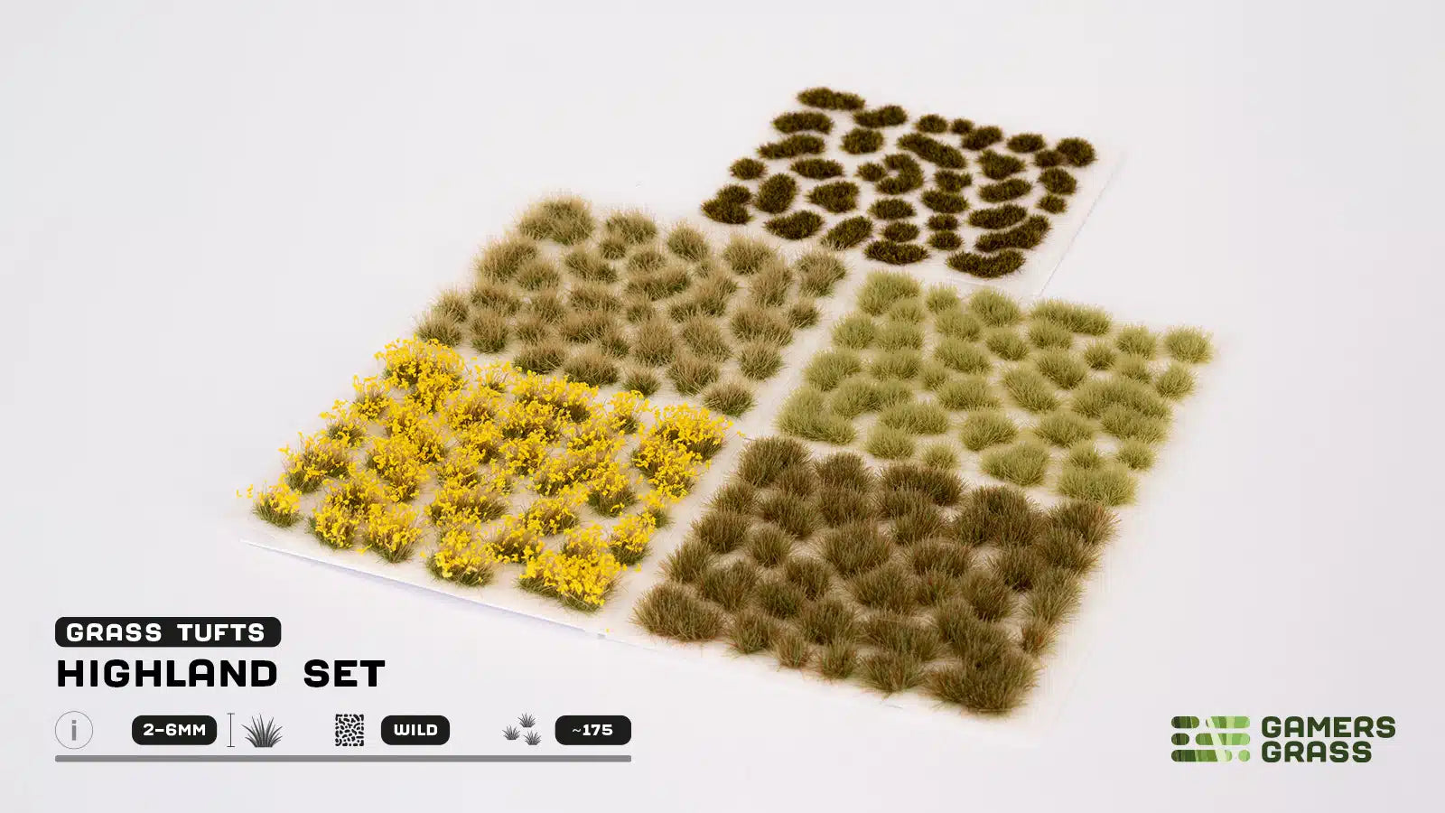 The five included sheets of the GamersGrass Highland Set featuring Yellow Flowers, Autumn, Light Green, Dark Moss and Mixed Green tufts.