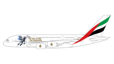 Profile schematic illustration of the GeminiJets 1 by 400 scale Emirates Airbus A380 UAE in Space livery showing registration A6 EEH