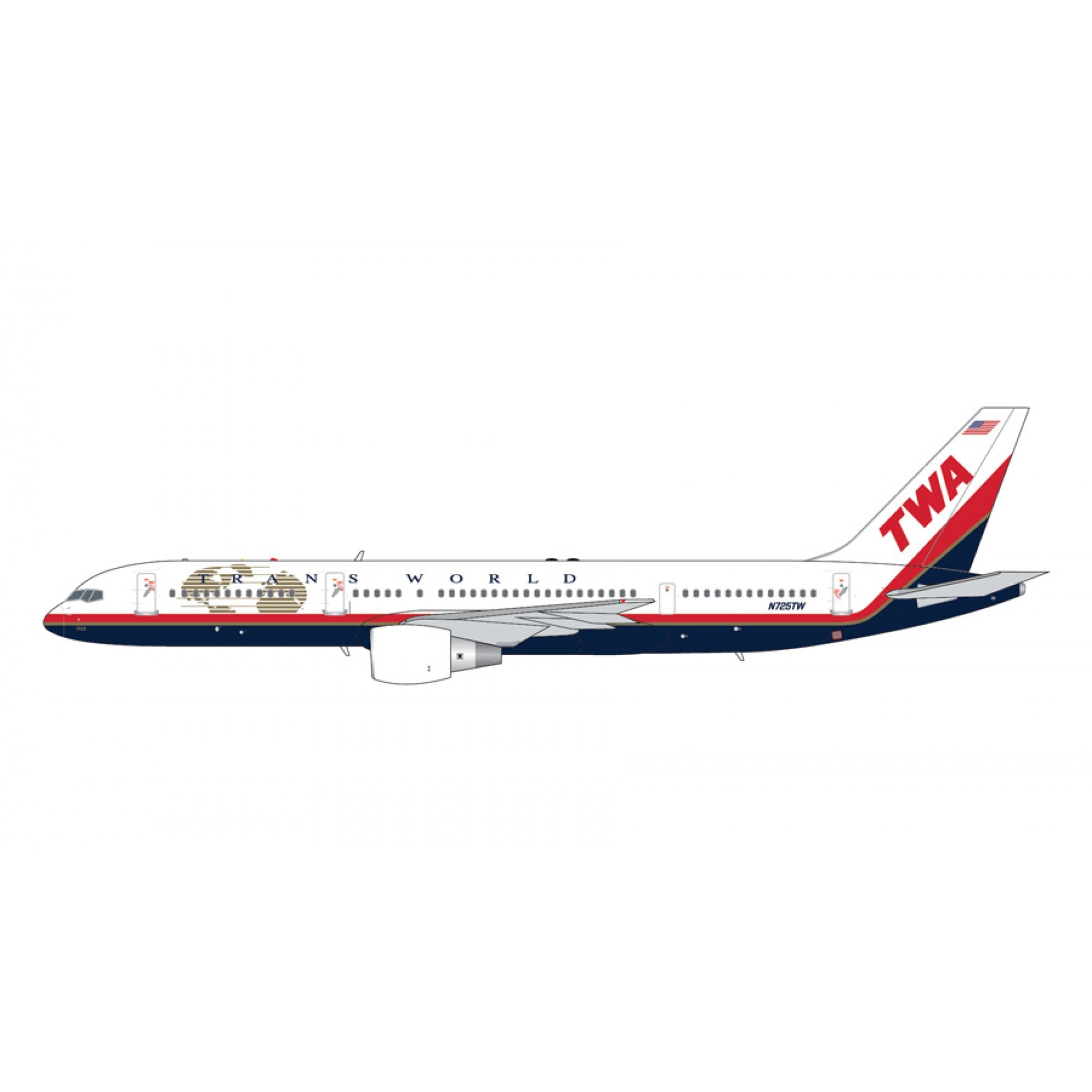 Side view GeminiJets TWA Boeing 757-231 N725TW 1:400 diecast aircraft model