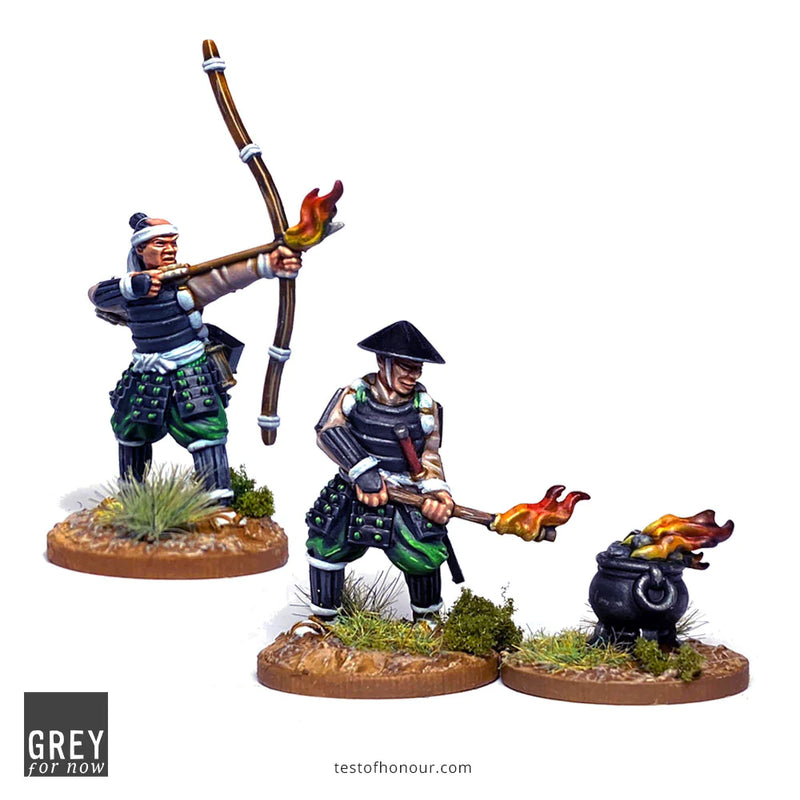 Test of Honour Ashigaru with Fire Arrows and Flaming Torch, 28 mm Scale Metal Figures Close Up