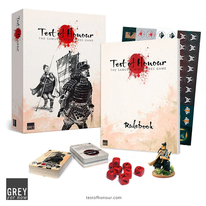Grey For Now Games Test of Honour Gaming Set with rulebook, dice, and cards