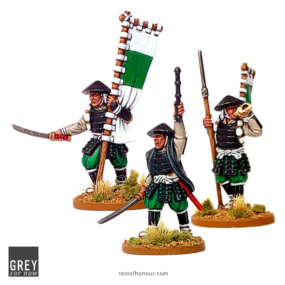 Front view Grey For Now Games Test of Honour Ashigaru Command Group 28mm miniatures