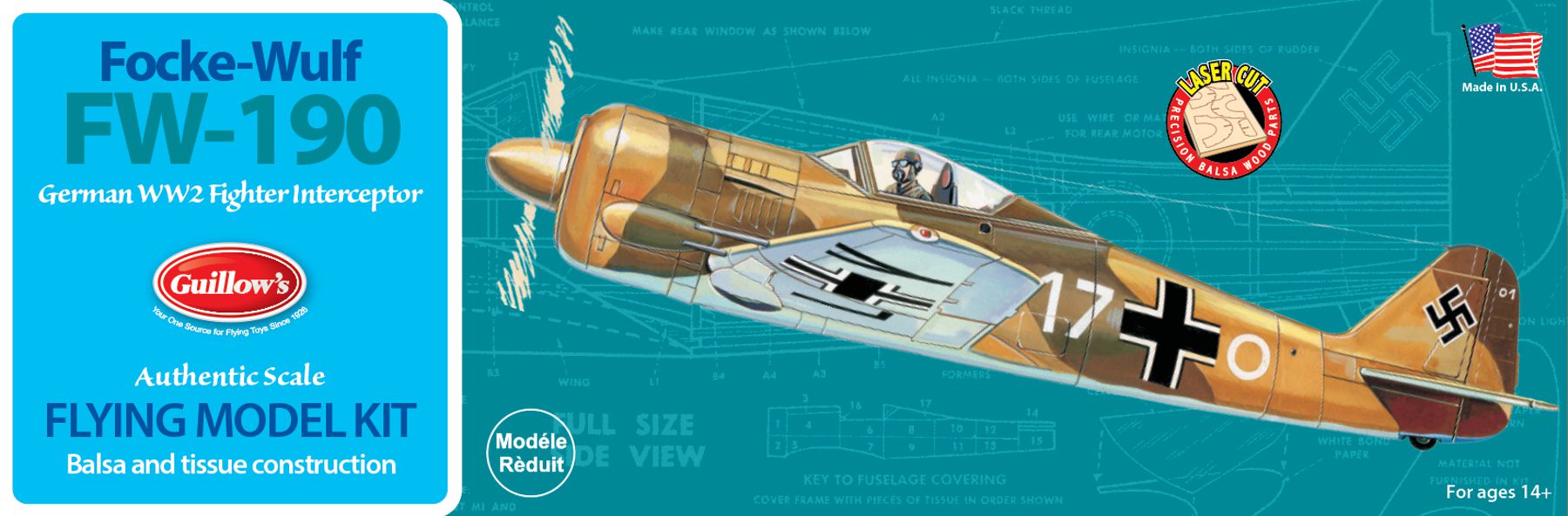 Guillow's 1/30 scale Focke-Wulf Fw-190 balsa wood model kit box featuring German Luftwaffe fighter artwork.