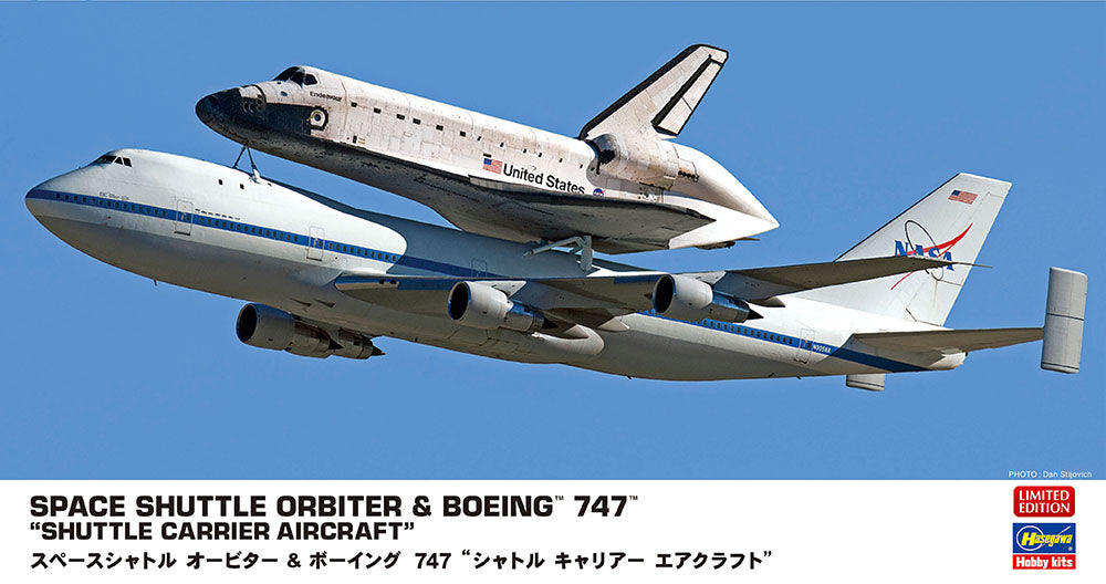 Official box art for the Hasegawa 1/200 Space Shuttle Orbiter and Boeing 747 Shuttle Carrier Aircraft, depicting the Endeavour piggybacked on hull N905NA in mid-flight.