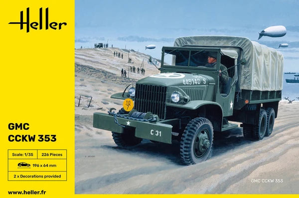 Heller 1/35 scale GMC CCKW 353 military truck model kit box art showing Allied truck on Normandy beach.